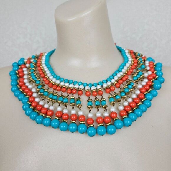 Vintage Jewelry - Turquoise Blue Coral Orange Faux Pearl Bib Statement Necklace Choker Chunky Boho